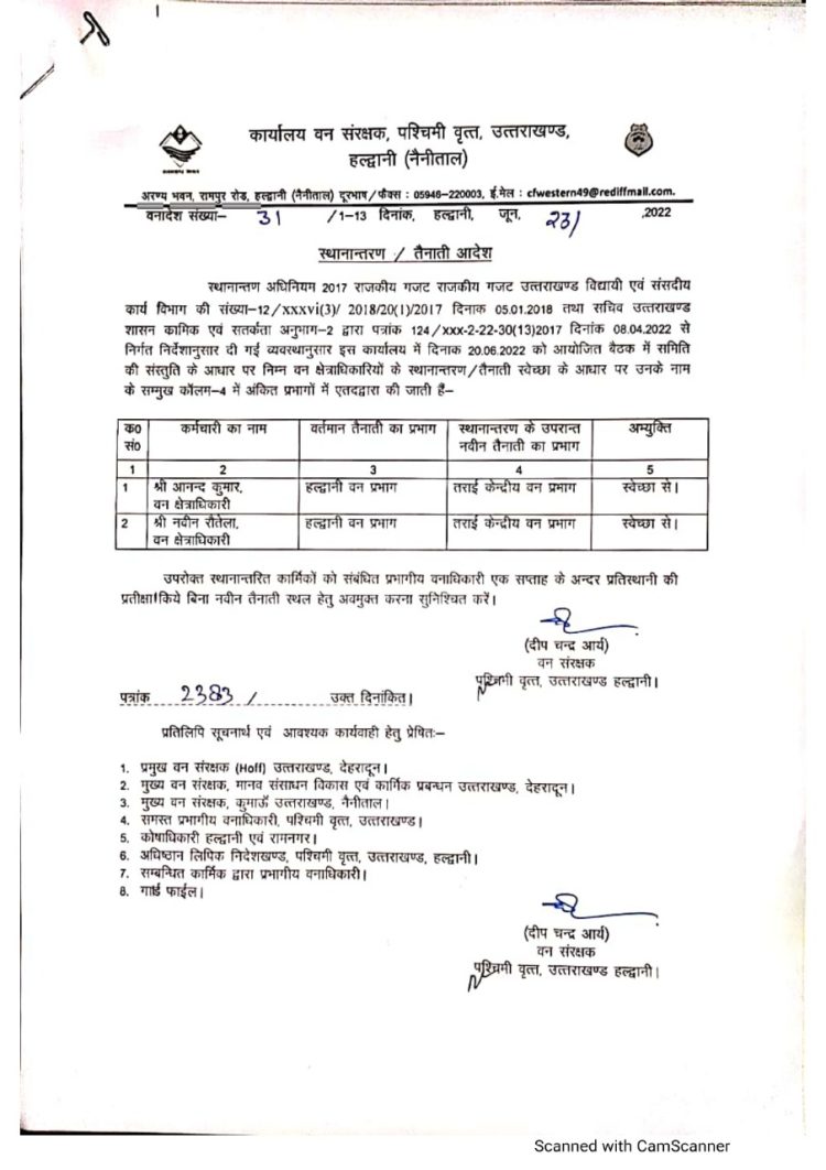 ब्रेकिंग: वन विभाग में हुए बंपर ट्रांसफर। जानिए किसको कहां भेजा
