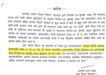 बड़ी खबर : भारी बारिश के चलते बंद रहेंगे ये स्कूल।आदेश जारी
