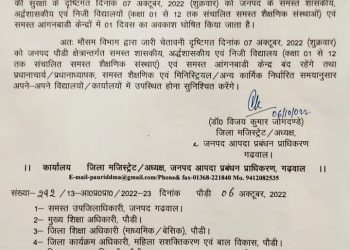 बिग ब्रेकिंग: इस जिले में भारी बारिश के चलते कल स्कूल रहेंगे बंद।  आदेश जारी