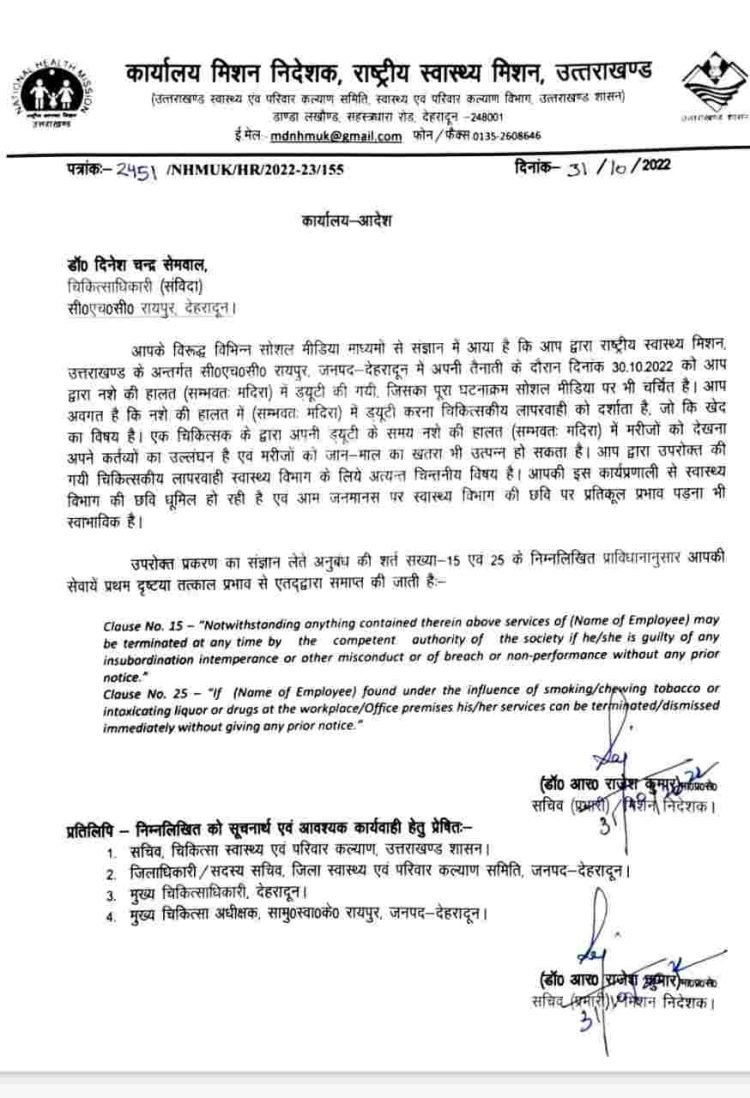 बड़ी खबर: स्वास्थ्य विभाग ने नशे में धुत डॉक्टर की सेवाएं की समाप्त