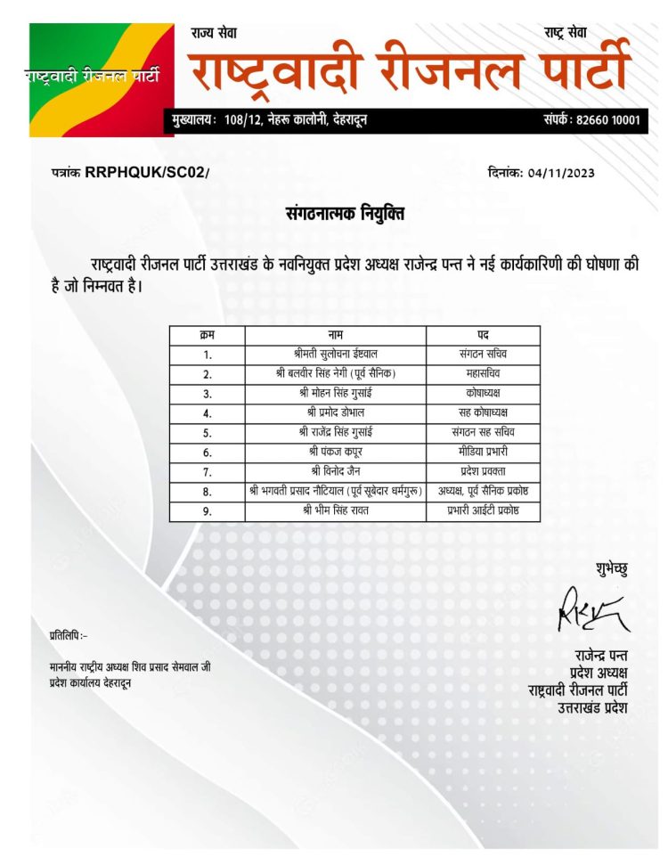 बिग ब्रेकिंग: राष्ट्रवादी रीजनल पार्टी ने की कार्यकारिणी की घोषणा