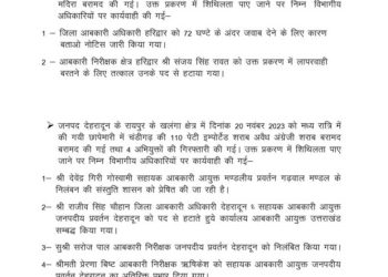 बिग ब्रेकिंग: आबकारी विभाग मे लापरवाही बरतने पर ये अधिकारी हुए निलंबित