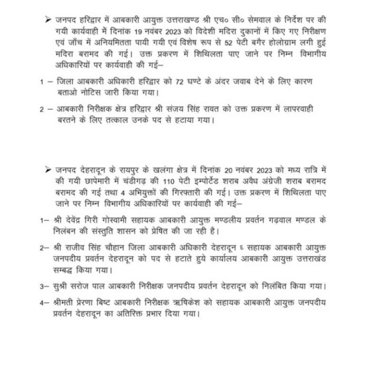 बिग ब्रेकिंग: आबकारी विभाग मे लापरवाही बरतने पर ये अधिकारी हुए निलंबित