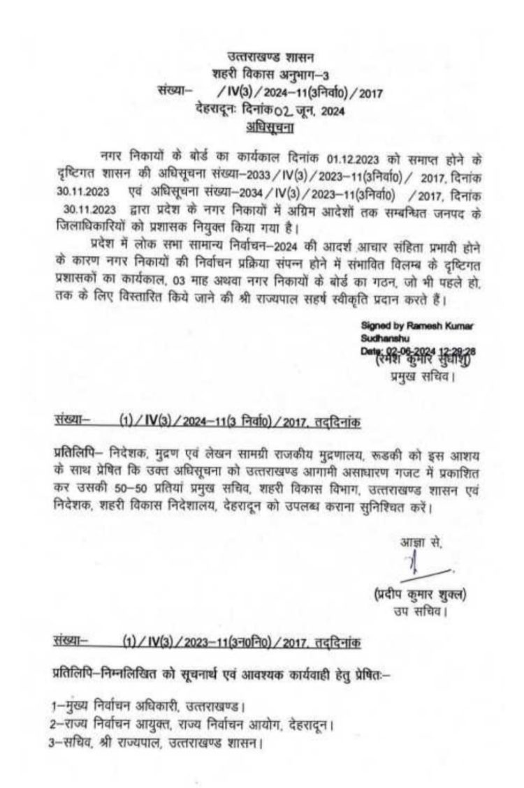 बड़ी खबर : नगर निकायों में प्रशासकों का बढ़ा कार्यकाल, देखे आदेश