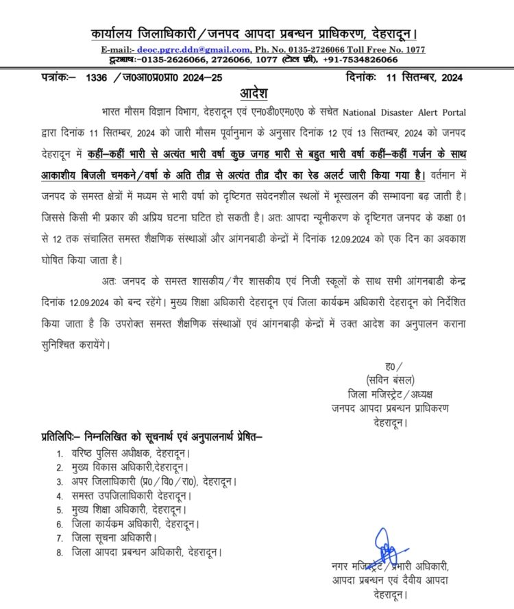बिग ब्रेकिंग : देहरादून में आज सभी स्कूल रहेंगे बंद । आदेश जारी