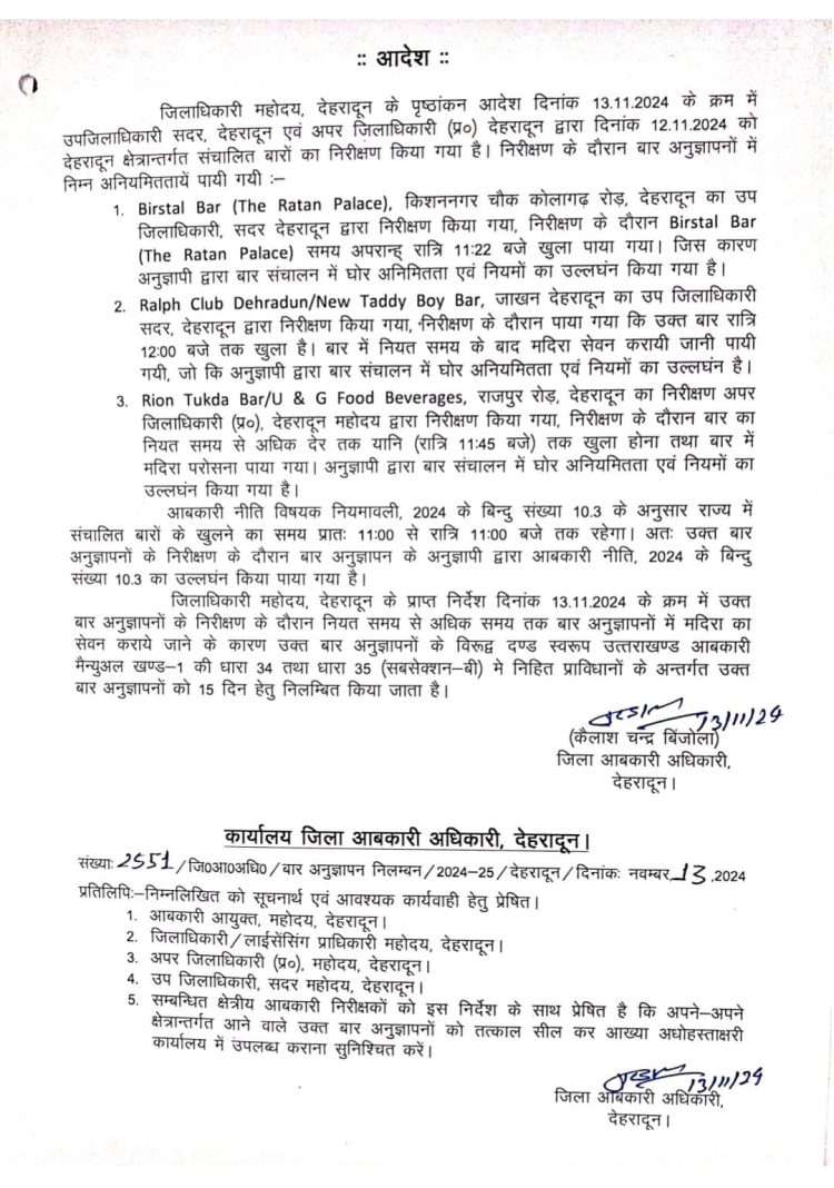बिग ब्रेकिंग : डीएम के निर्देश पर बार अनुज्ञापनों का 15 दिन के लिए लाईसेंस निलम्बित।