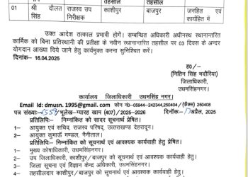 बिग ब्रेकिंग : उधमसिंहनगर में राजस्व उप निरीक्षकों का स्थानांतरण, बड़े पैमाने पर आदेश जारी