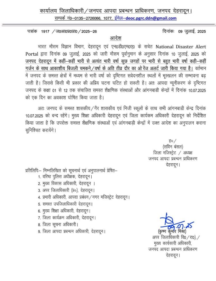 बिग ब्रेकिंग: देहरादून में कल सभी स्कूल रहेंगे बंद – HEAVY RAIN ALERT DEHRADUN