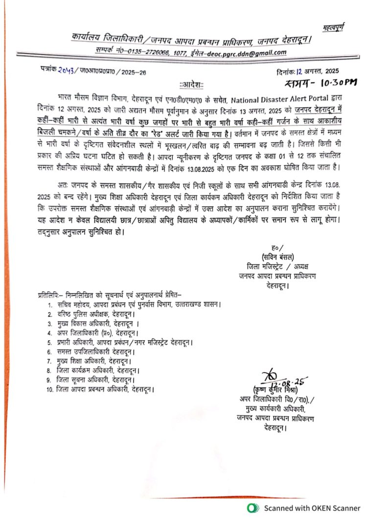 Breaking: देहरादून में भारी बारिश का रेड अलर्ट, 13 अगस्त को सभी स्कूल और आंगनबाड़ी केंद्र बंद