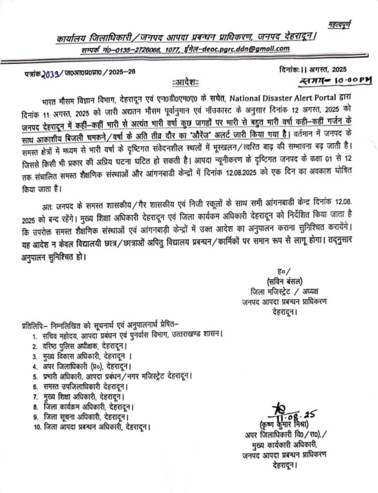 ब्रेकिंग: देहरादून में कल सभी स्कूल रहेंगे बंद,आदेश जारी 