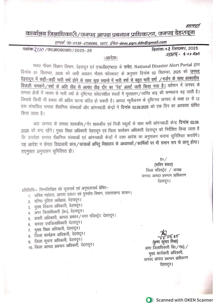 ब्रेकिंग : इस जिले में आज सभी स्कूल बंद ,आदेश जारी