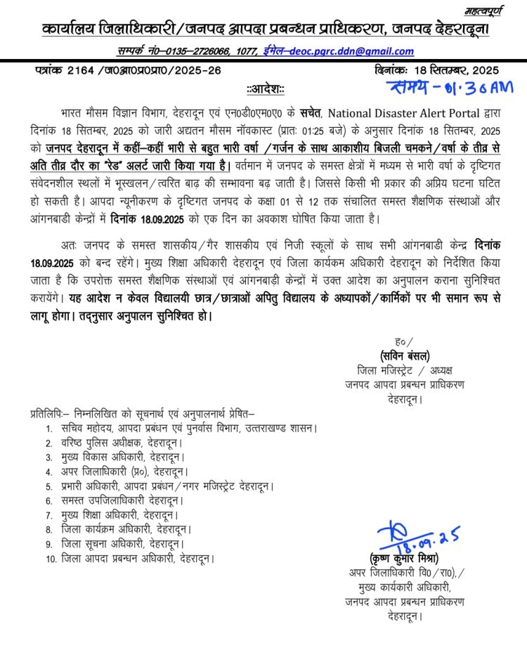 देहरादून में रेड अलर्ट, 18 सितम्बर को सभी स्कूल-कॉलेज बंद,आदेश जारी