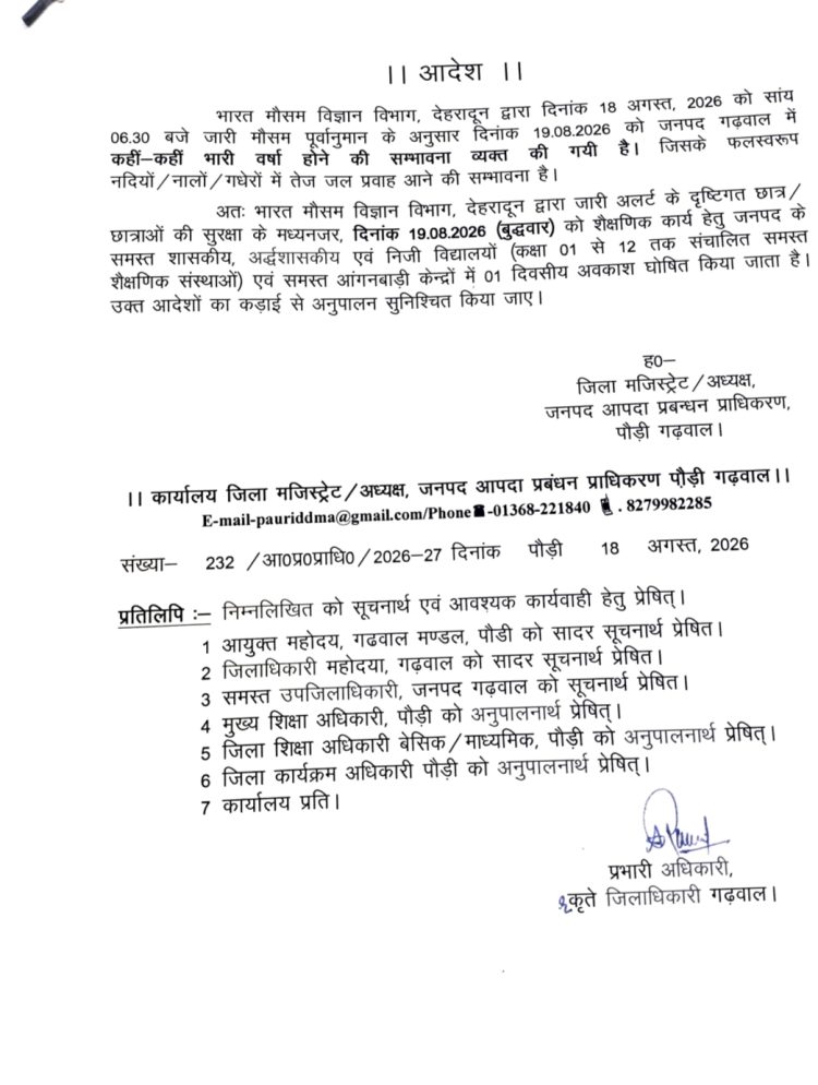 ब्रेकिंग : भारी बारिश के चलते कल इस जिले में सभी स्कूल रहेंगे बंद