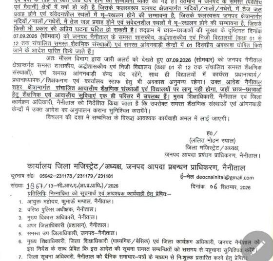 ब्रेकिंग : इस जिले में कल सभी स्कूल रहेंगे बंद, आदेश जारी