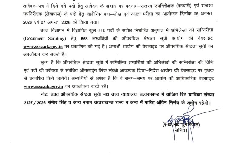 UKSSSC का बड़ा अपडेट: पटवारी-लेखपाल भर्ती में 668 अभ्यर्थियों की लिस्ट जारी